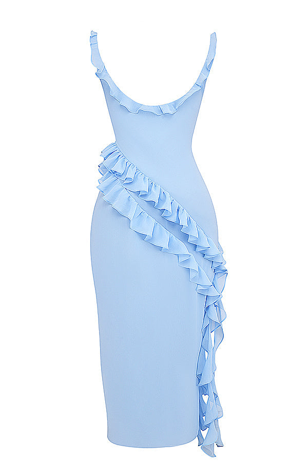 Chiffon Square Neck Ruffle Strap High Split Maxi Gown 48