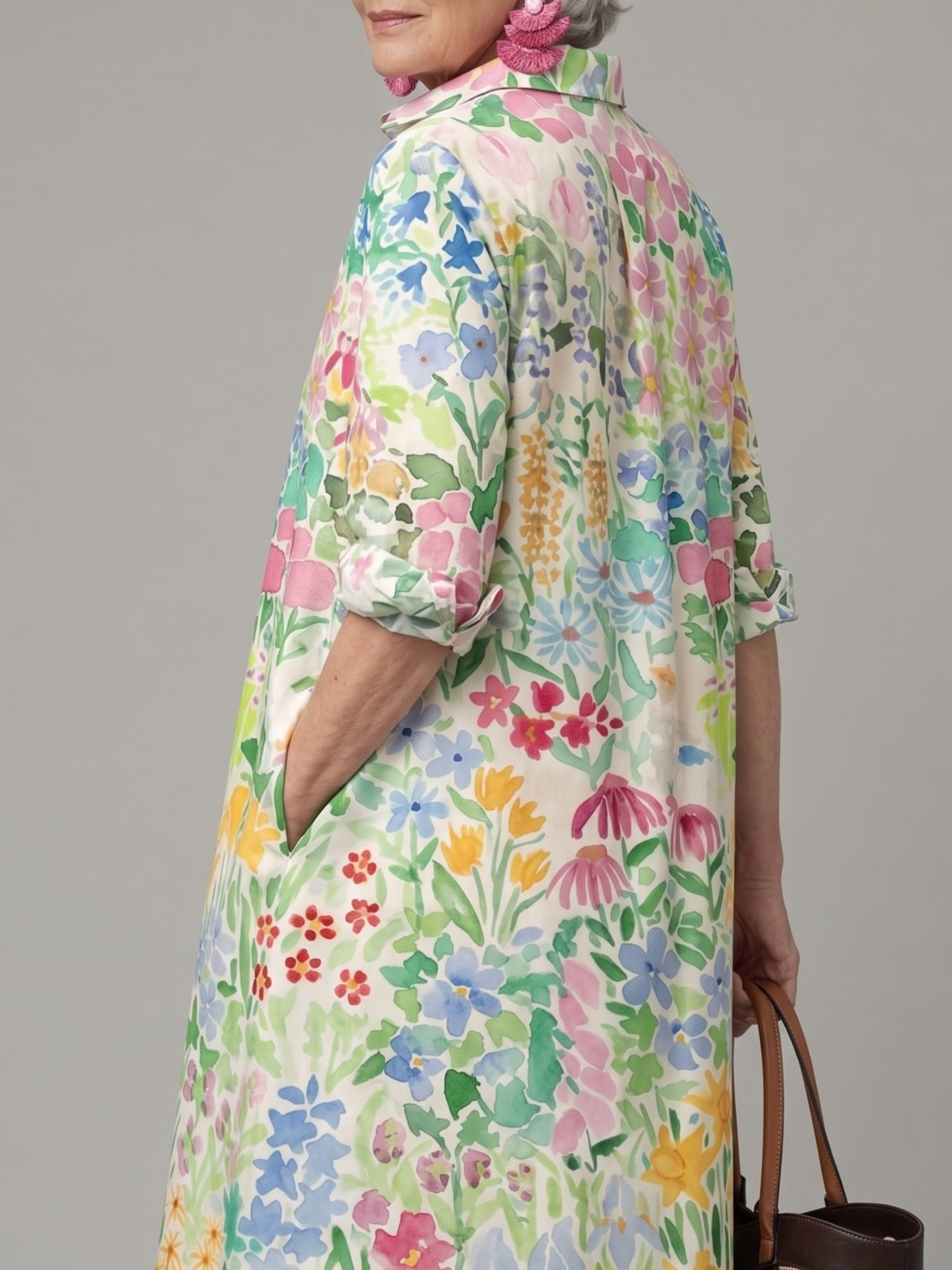 Floral Print Collared Half Sleeve Loose Midi Shirt Dress 3