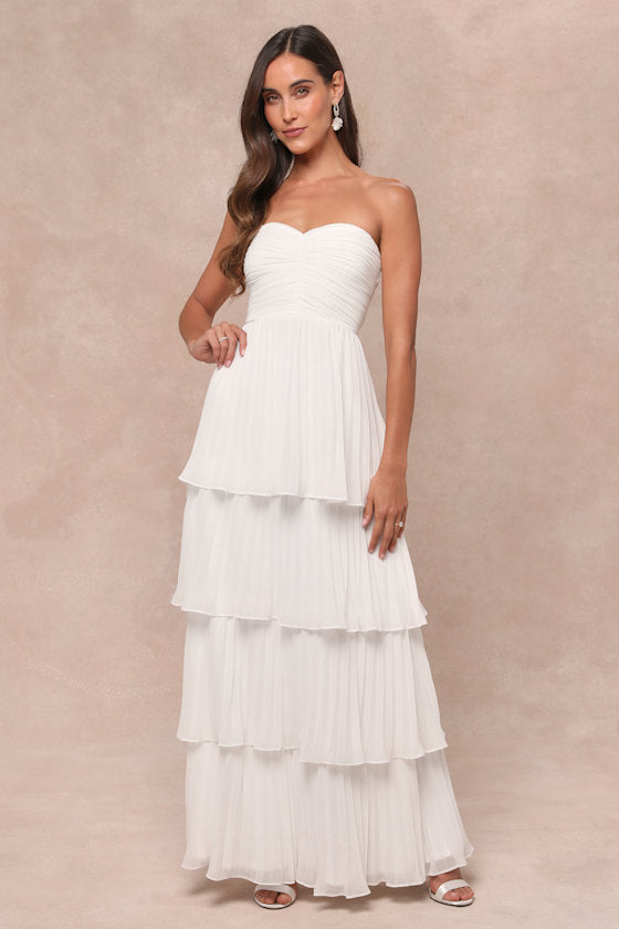 Strapless Sweetheart Ruched Pleated Tiered Maxi Gown 16