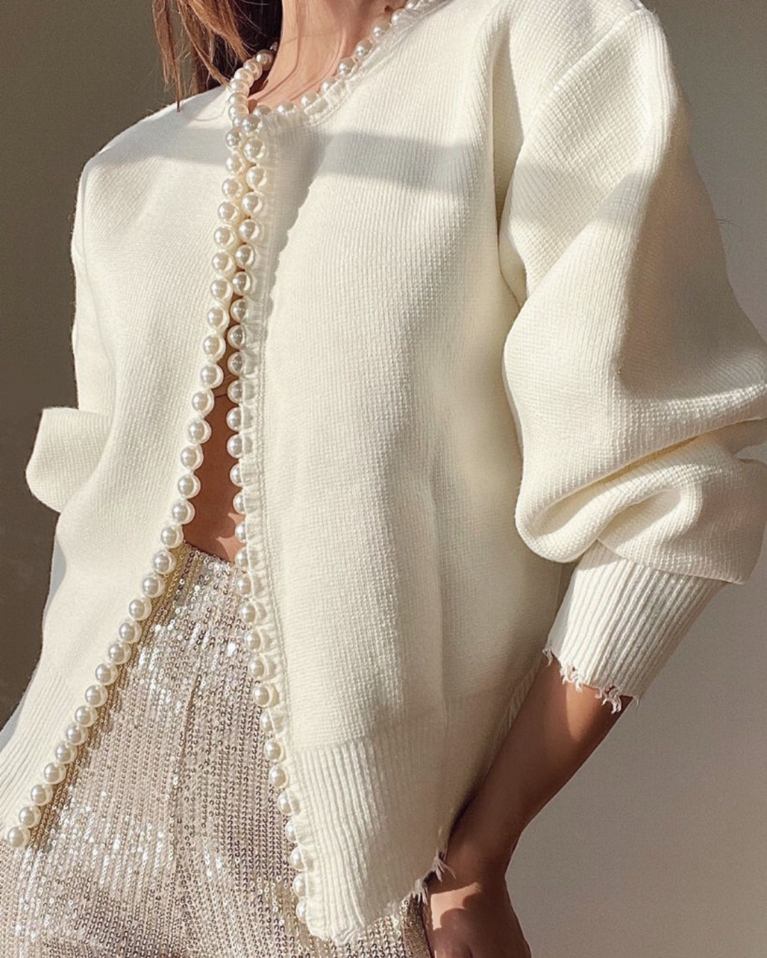 Faux Pearl Trim Round Neck Balloon Sleeve Knit Cardigan 5