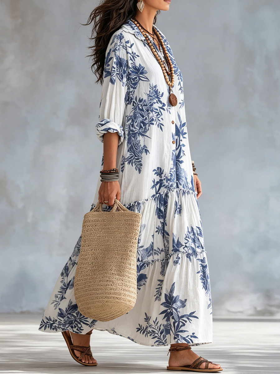 Floral Print Collared Button Front Tiered Maxi Dress 4
