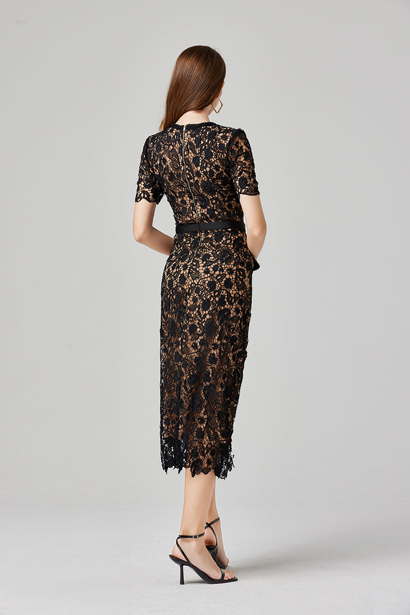 Floral Lace Square Neck Short Sleeve Button Front Midi Dress - View 4
