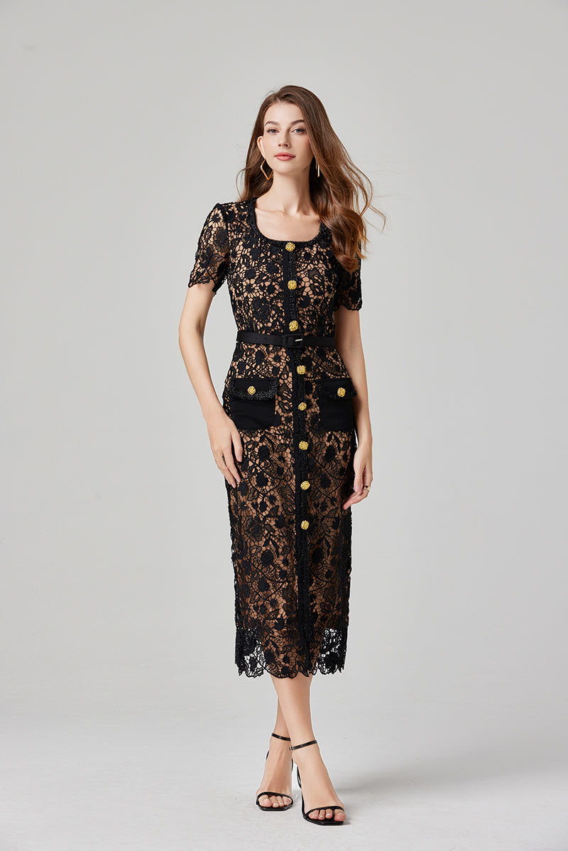 Floral Lace Square Neck Short Sleeve Button Front Midi Dress - View 7