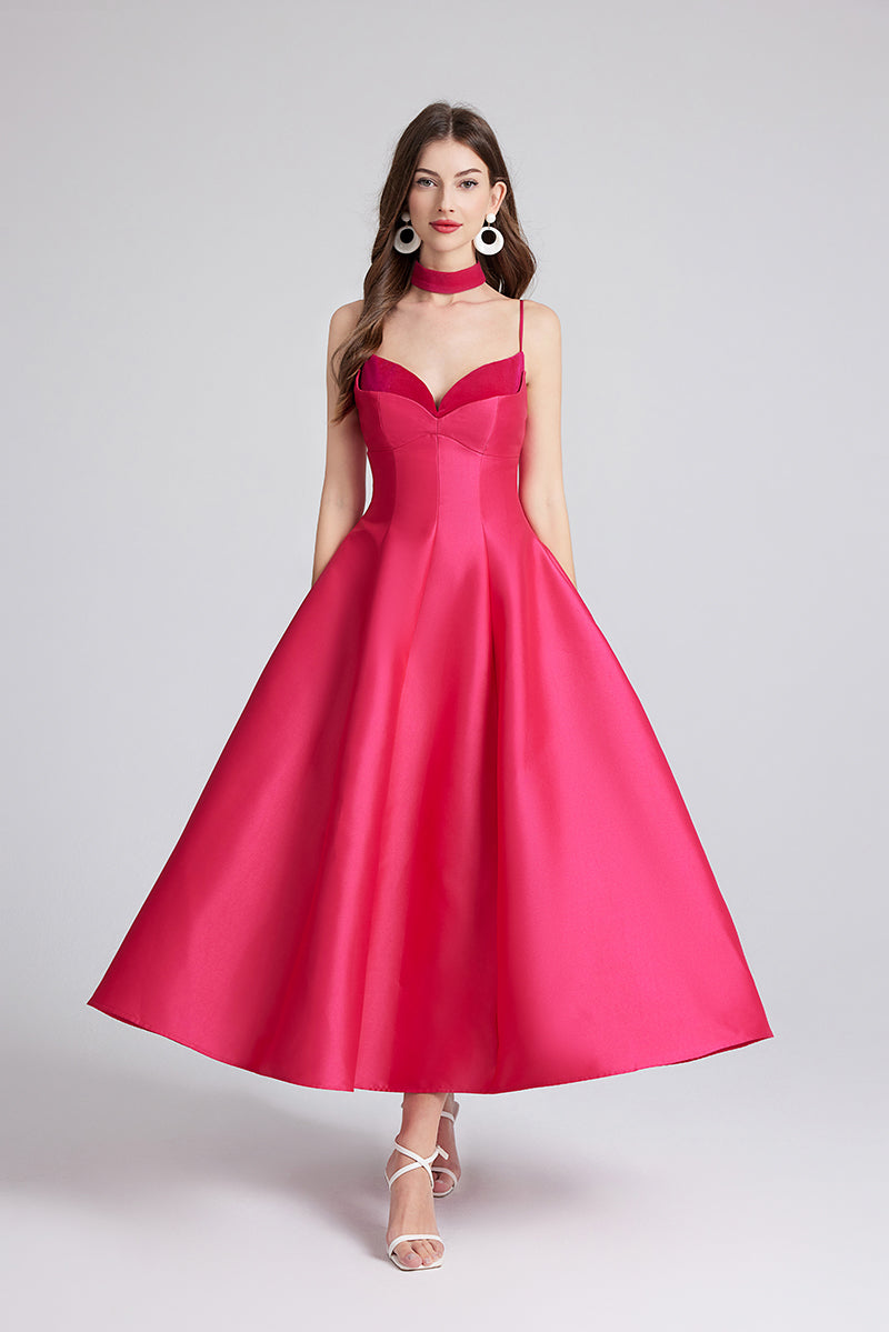 Satin Sweetheart Spaghetti Strap Choker Neck Fit and Flare Gown