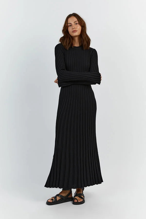Ribbed Knit Crew Neck Long Sleeve Slim Fit Column Maxi Dress - View 3
