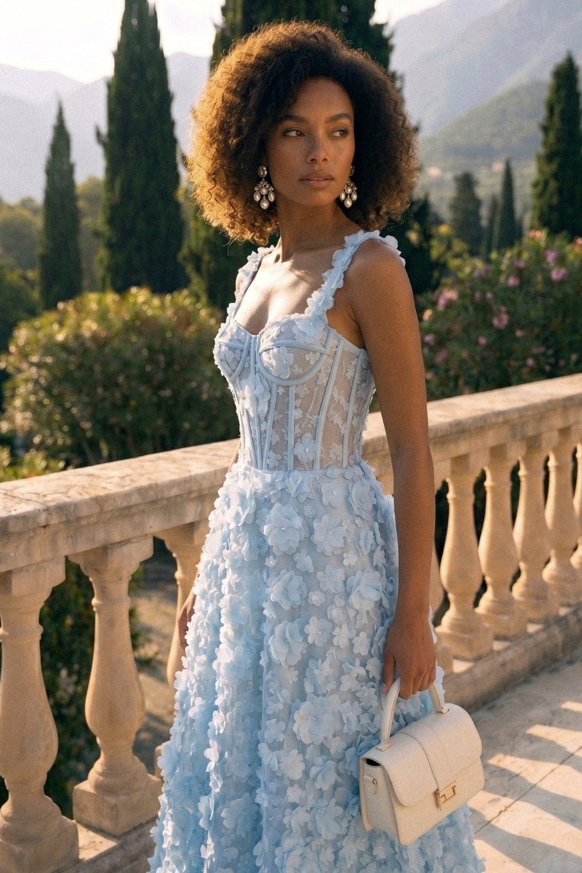 Floral Appliqué Maxi Dress With Corset Bodice - Blue - View 3