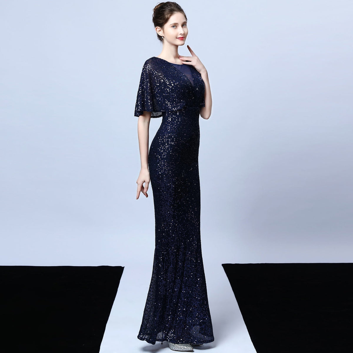 Sequin Round Neck Flutter Sleeve Mesh Yoke Mermaid Maxi Gown 17