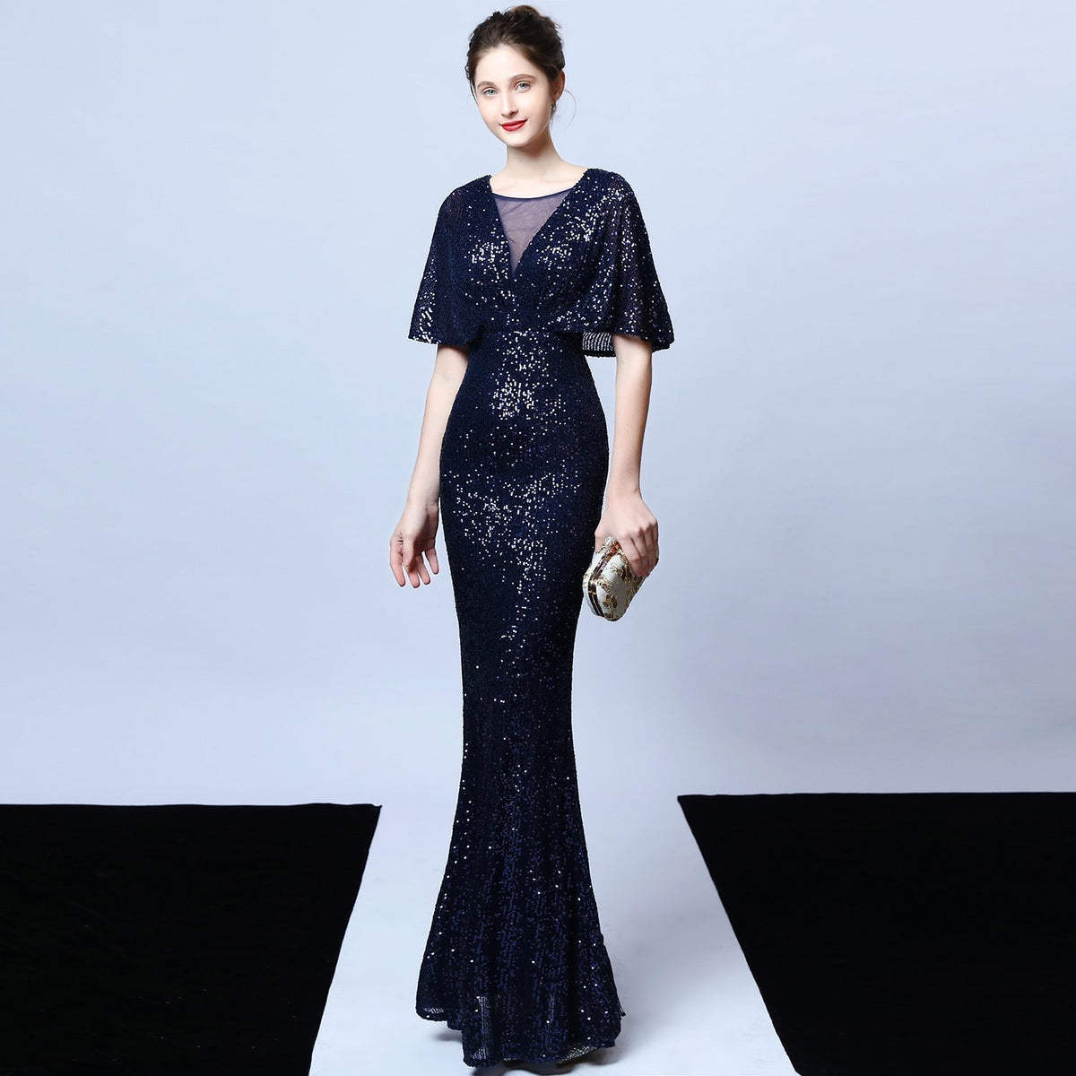 Sequin Round Neck Flutter Sleeve Mesh Yoke Mermaid Maxi Gown 16