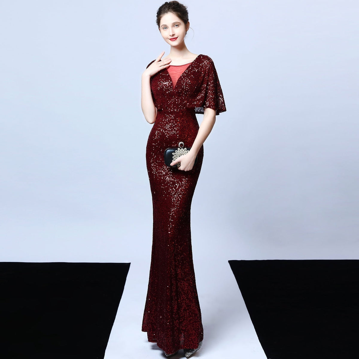 Sequin Round Neck Flutter Sleeve Mesh Yoke Mermaid Maxi Gown 11
