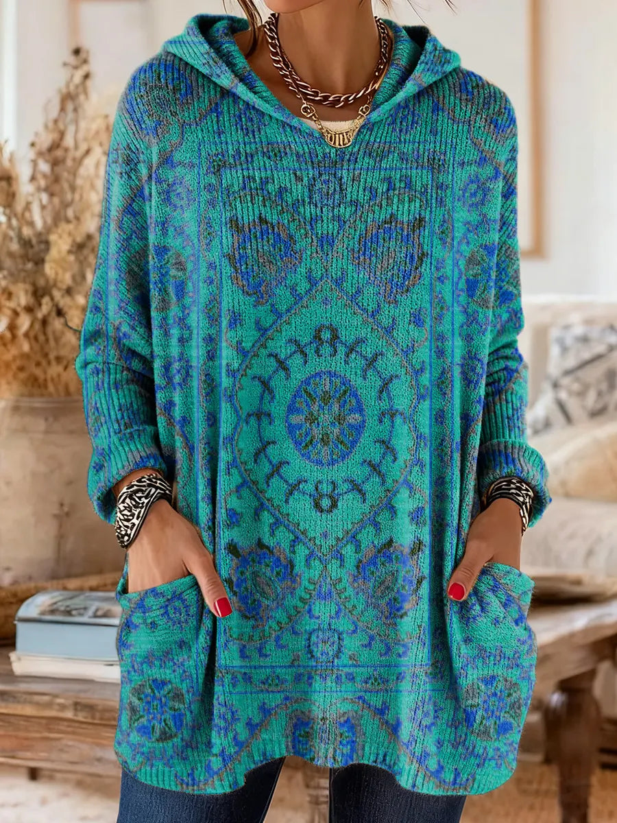 Medallion Print Hooded Oversized Tunic Sweater 6