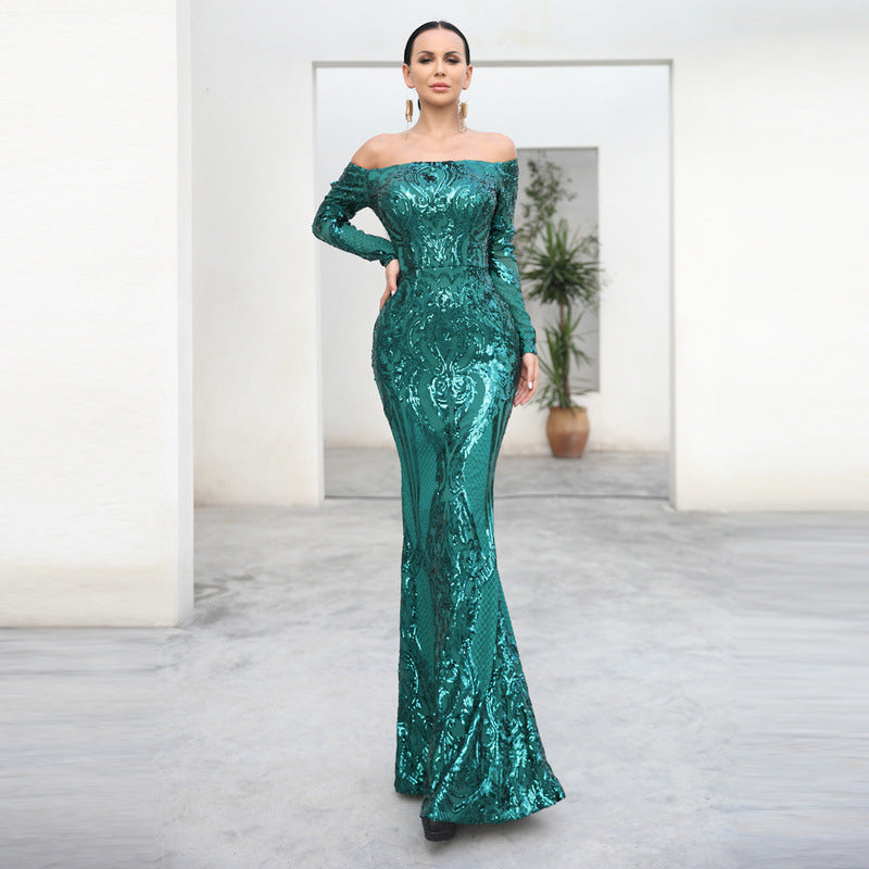 Sequin Off Shoulder Long Sleeve Sweetheart Mermaid Gown - View 2