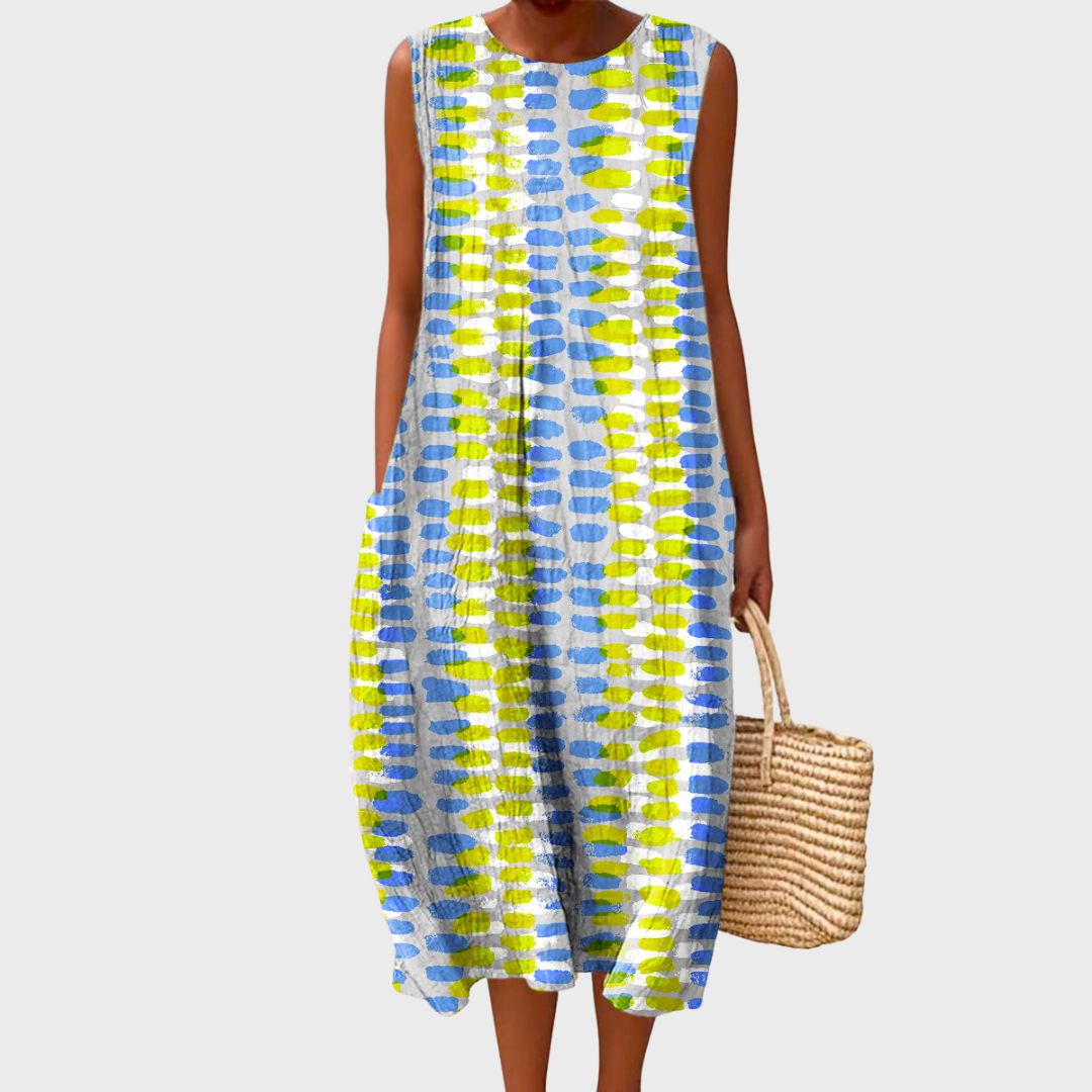 Round Neck Sleeveless Gingham Check Color Block Midi Dress 3