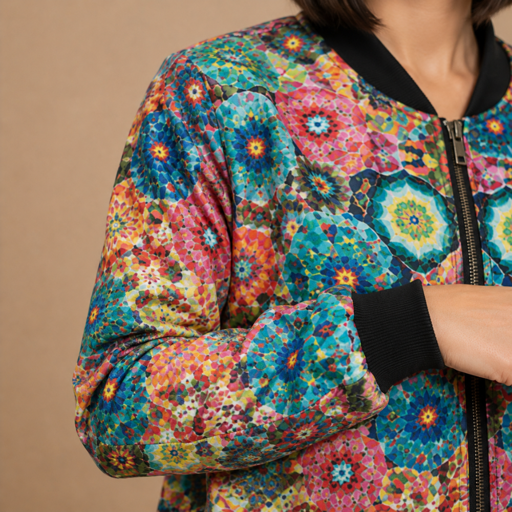 Cat and Music Print Zip Front Bomber Jacket 13