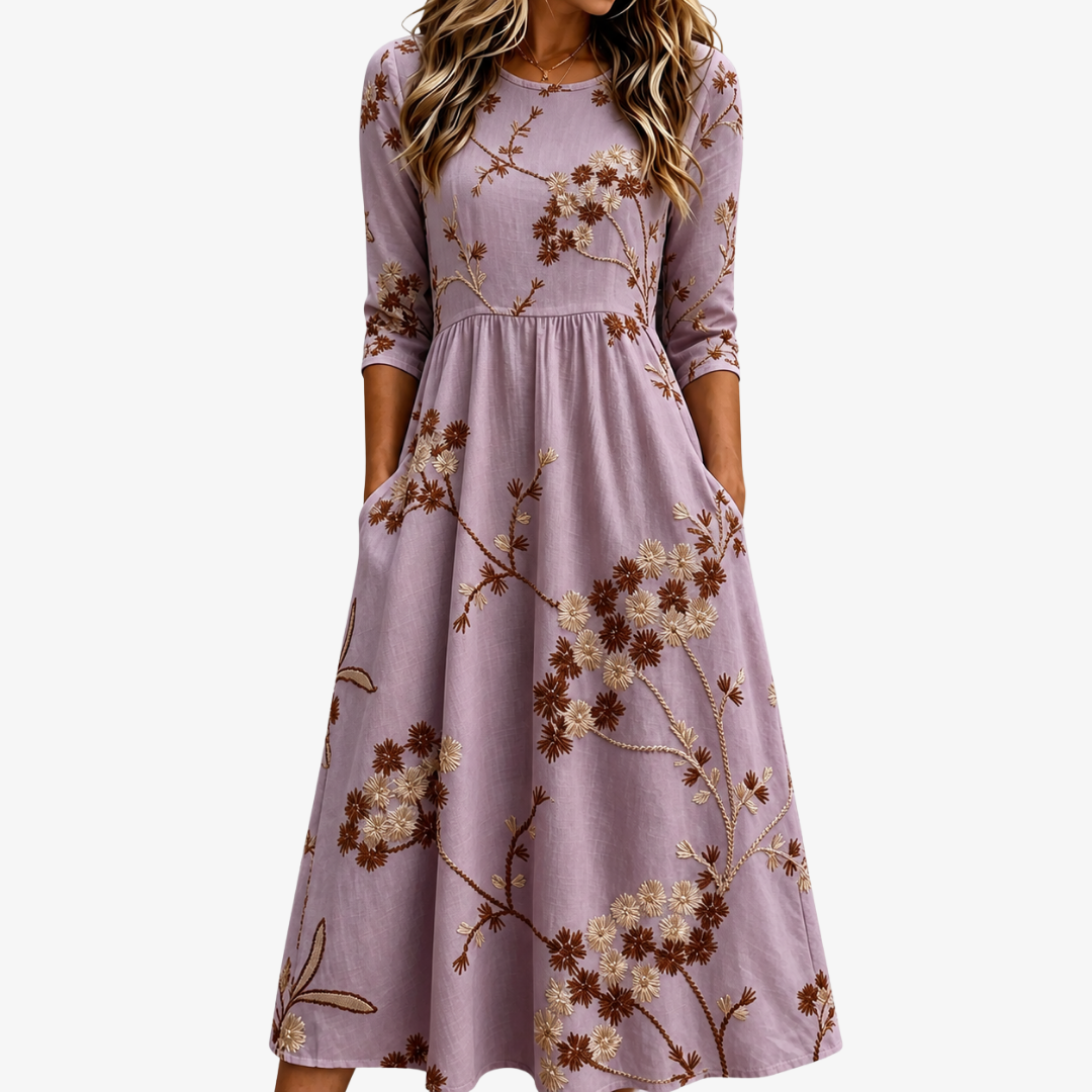Floral Embroidered Round Neck Pocket A-Line Midi Dress