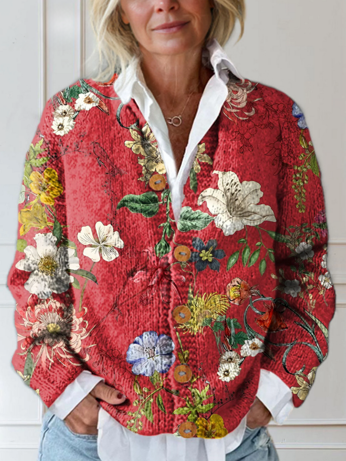 Floral Print Button Front Long Sleeve Knit Cardigan