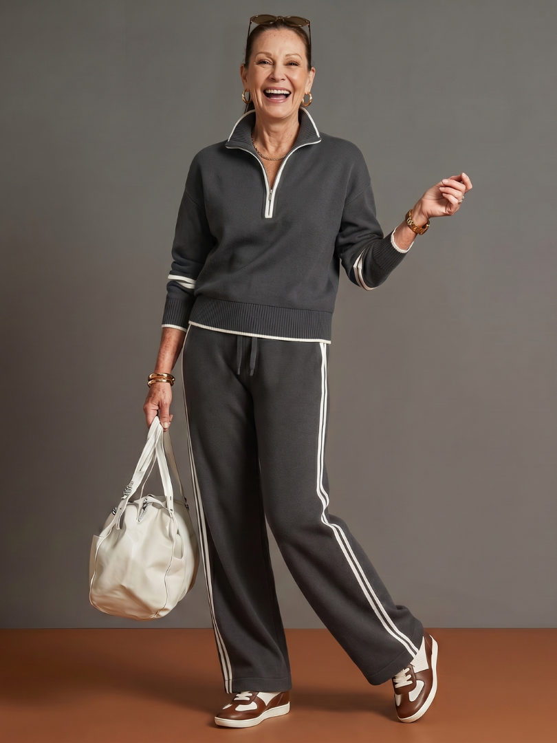 Quarter Zip Sweatshirt and Side Stripe Wide Leg Pants Two Piece Set 9