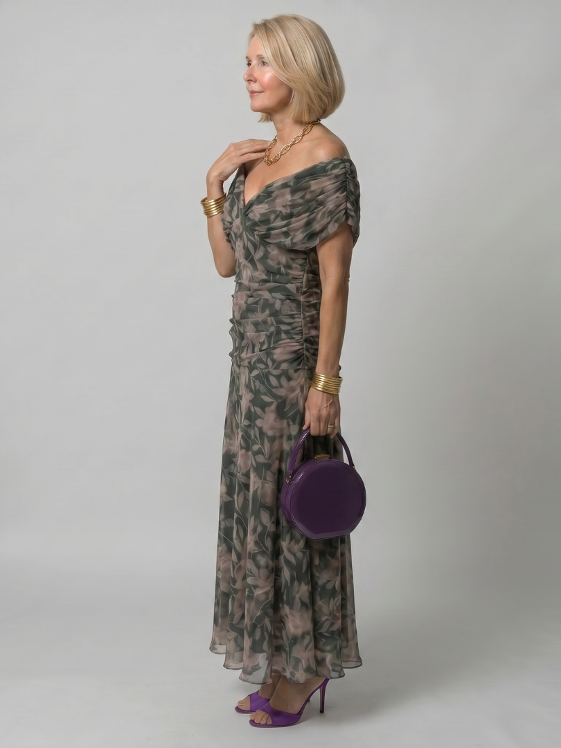 Floral Print Off Shoulder Twist Front Ruched Maxi Dress 6