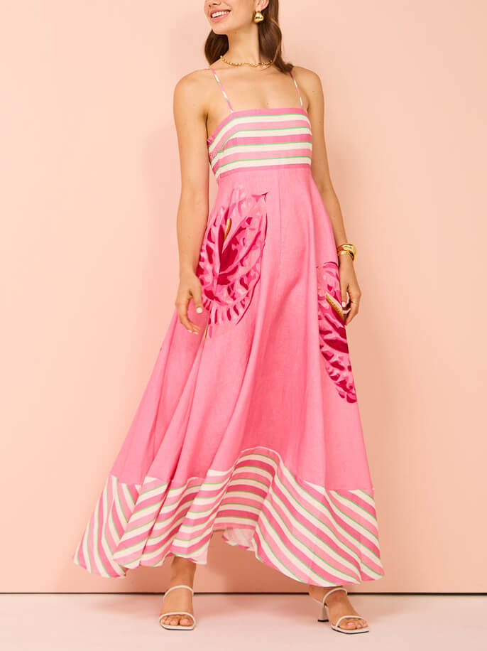 Striped Spaghetti Strap Smocked Tiered Flowy Maxi Dress