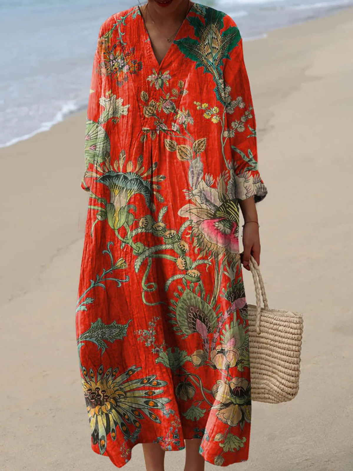 V-Neck Long Sleeve Tropical Floral Print Maxi Dress 2