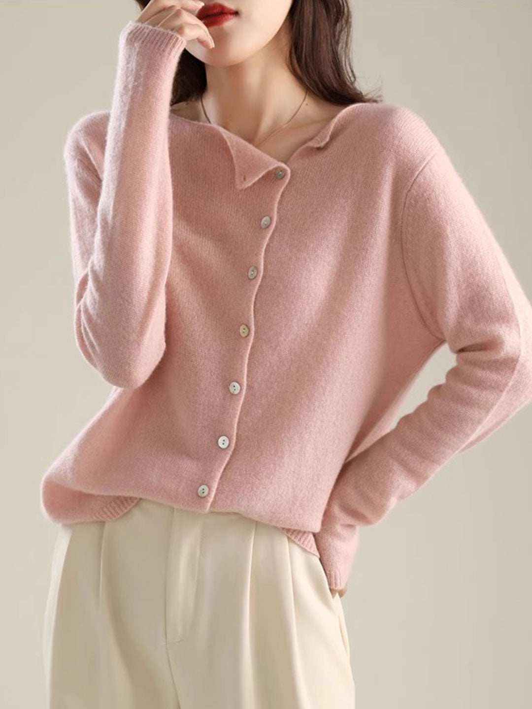 Fold Over Collar Button Front Knit Cardigan 4