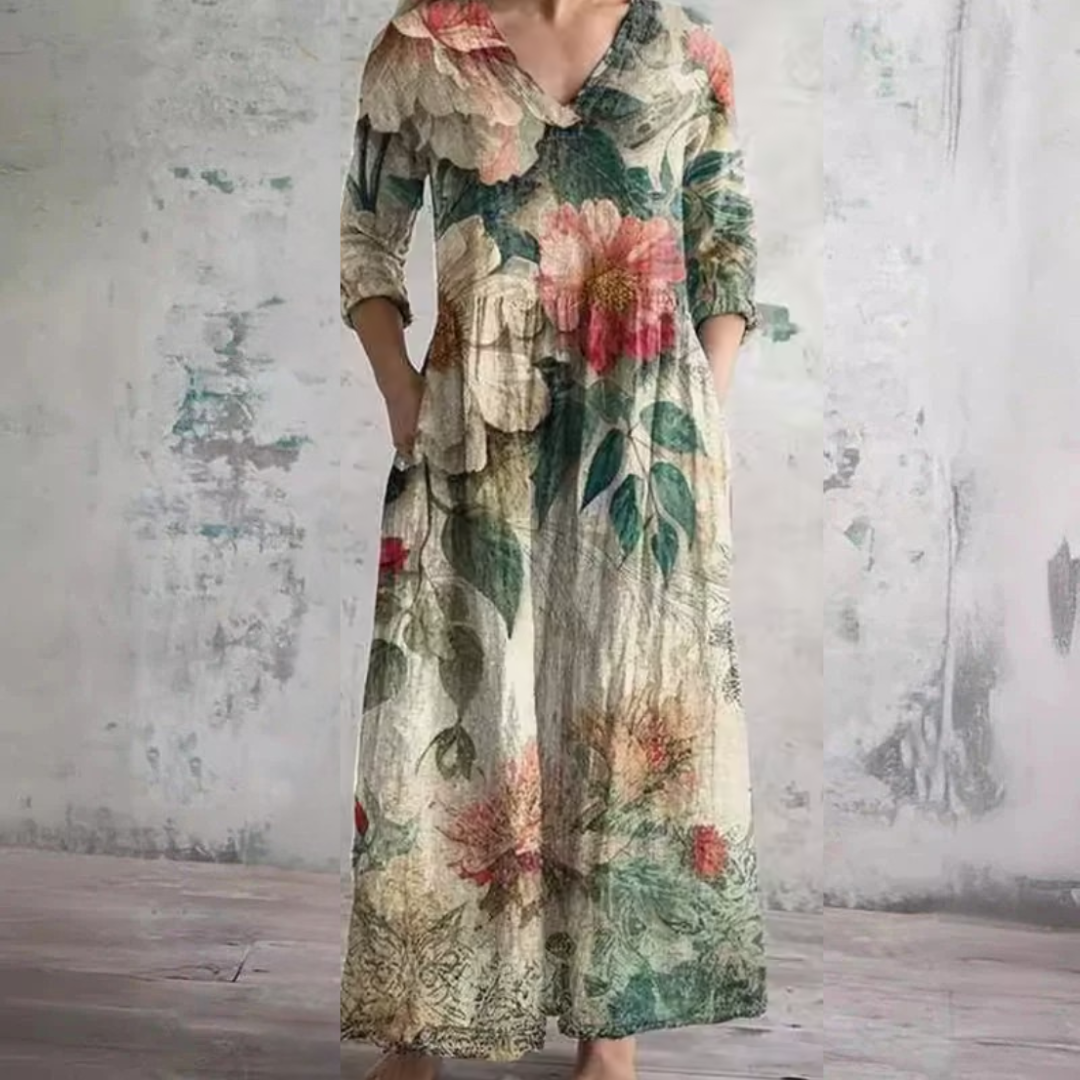 Floral Collared V-Neck Tiered Maxi Dress