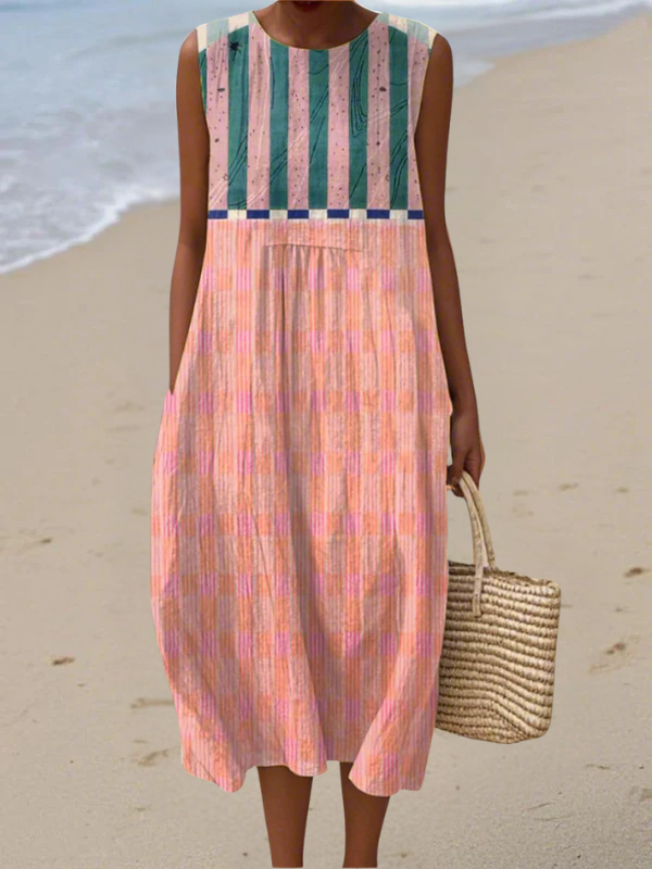 Colorblock Striped Crew Neck Sleeveless Midi Dress