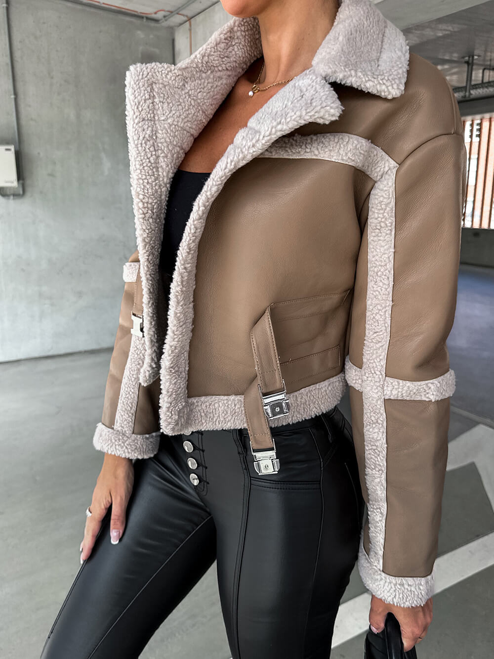 Faux Leather Fleece Trim Belted Cropped Aviator Jacket 7