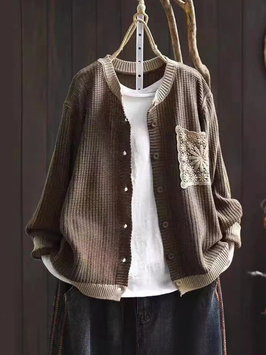 Crochet Pocket Round Neck Button Front Waffle Knit Cardigan