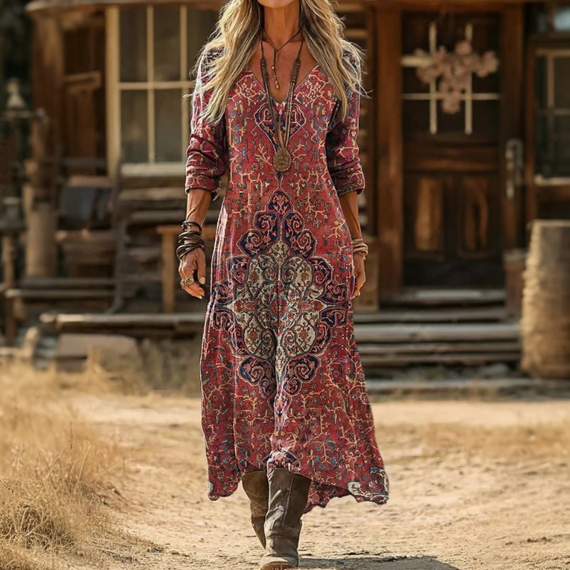 Medallion Print V-Neck Long Sleeve Boho Maxi Dress