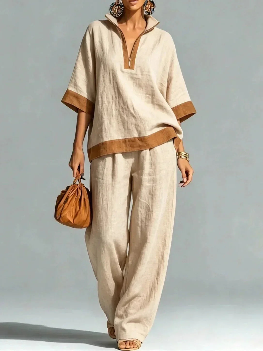 Contrast Trim High Collar Quarter Zip Top and Wide Leg Pants Two Piece Set