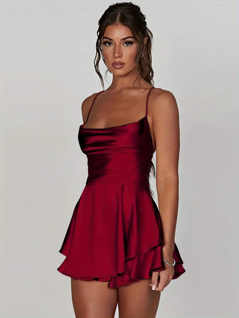 Satin Spaghetti Strap Cowl Neck Tiered Ruffle Mini Cocktail Dress - View 8