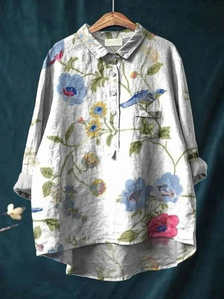 Watercolor Floral Print Long Sleeve Button Blouse 17