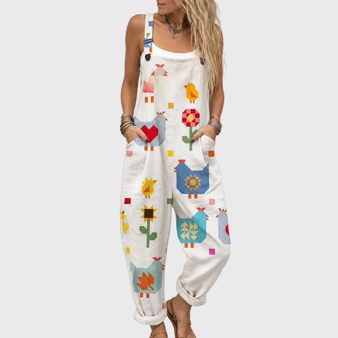 Geometric Chicken Print Adjustable Strap Overall Jumpsuit