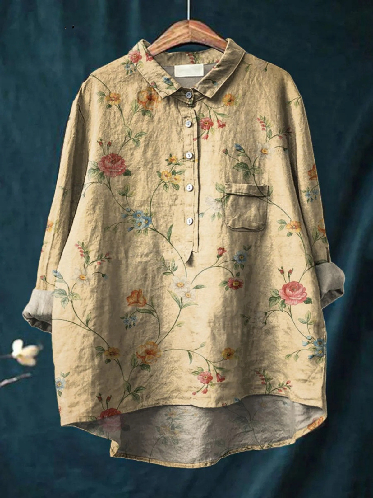 Vintage Floral Print Button Front High Low Shirt