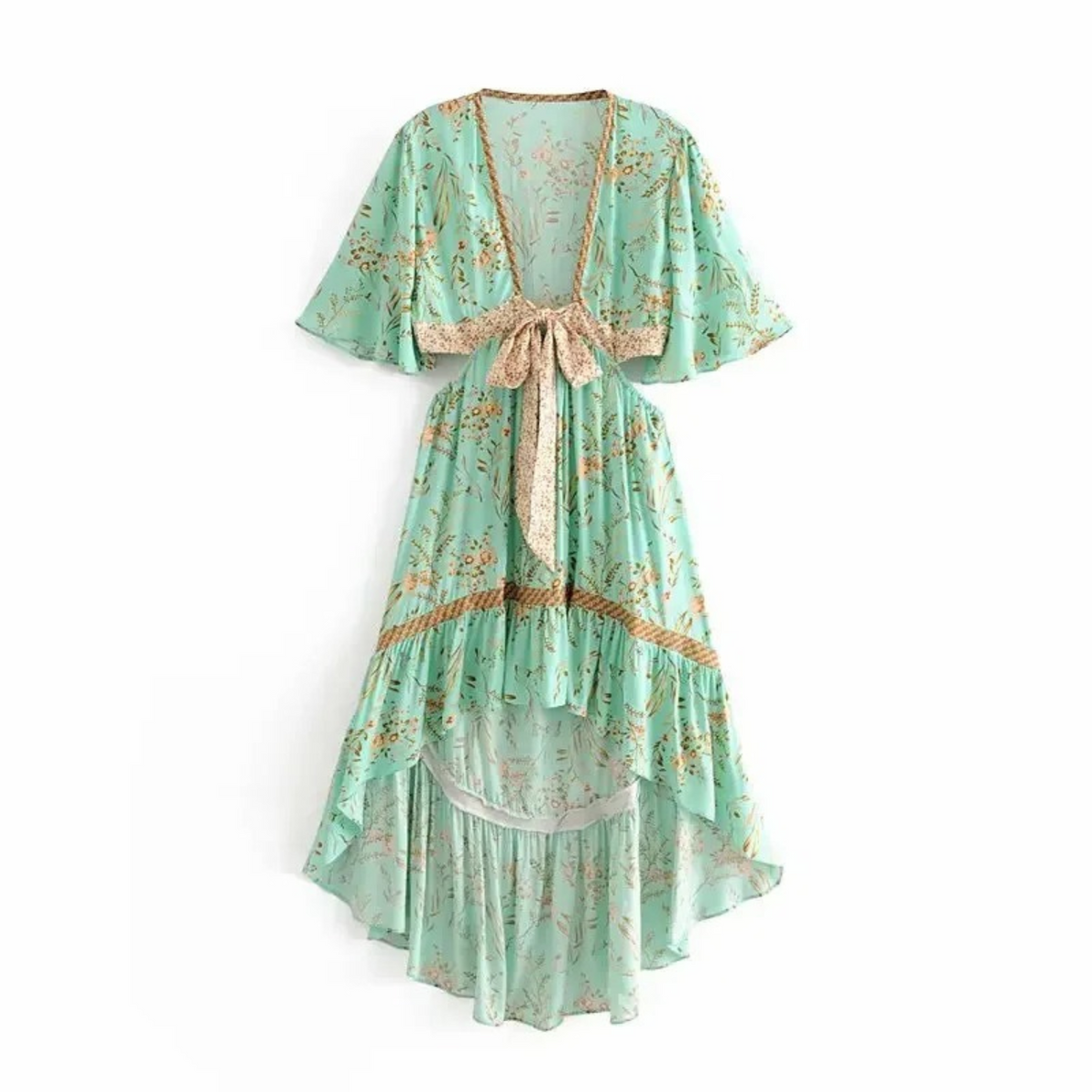 Floral Print Deep V-Neck Tie Front Flutter Sleeve Midi Dress - View 2