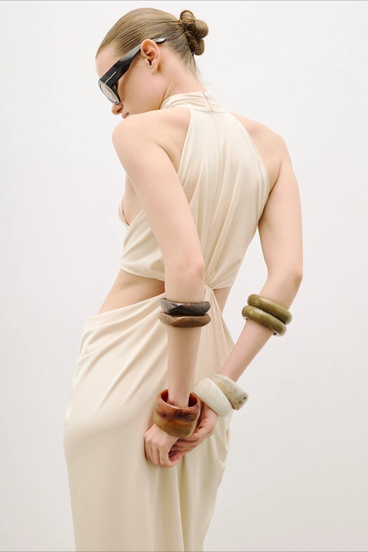 High Neck Halter Cut Out Waist Knotted Draped Maxi Gown 2