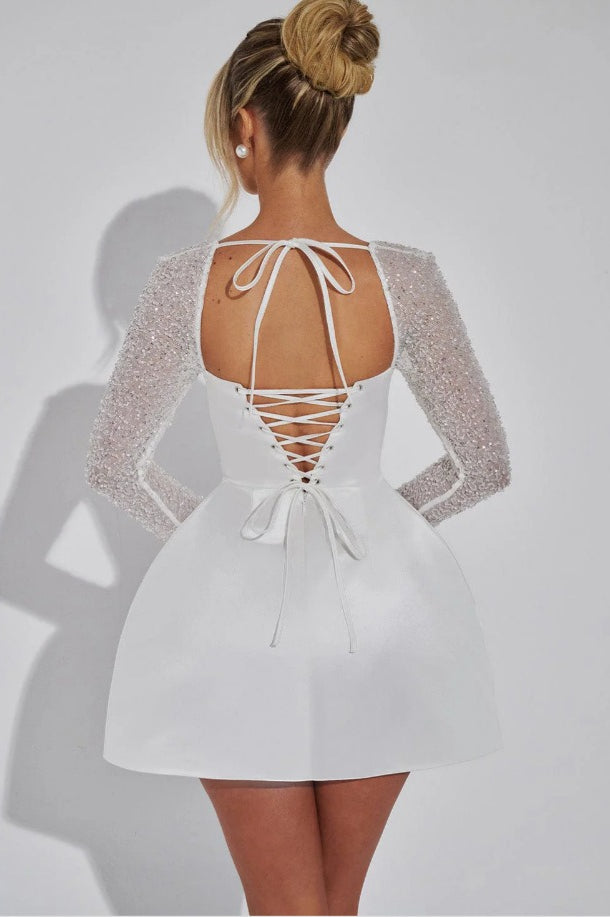 Plunging Solid Square Neck Lace Panel Long Sleeve Cocktail Dress - View 4