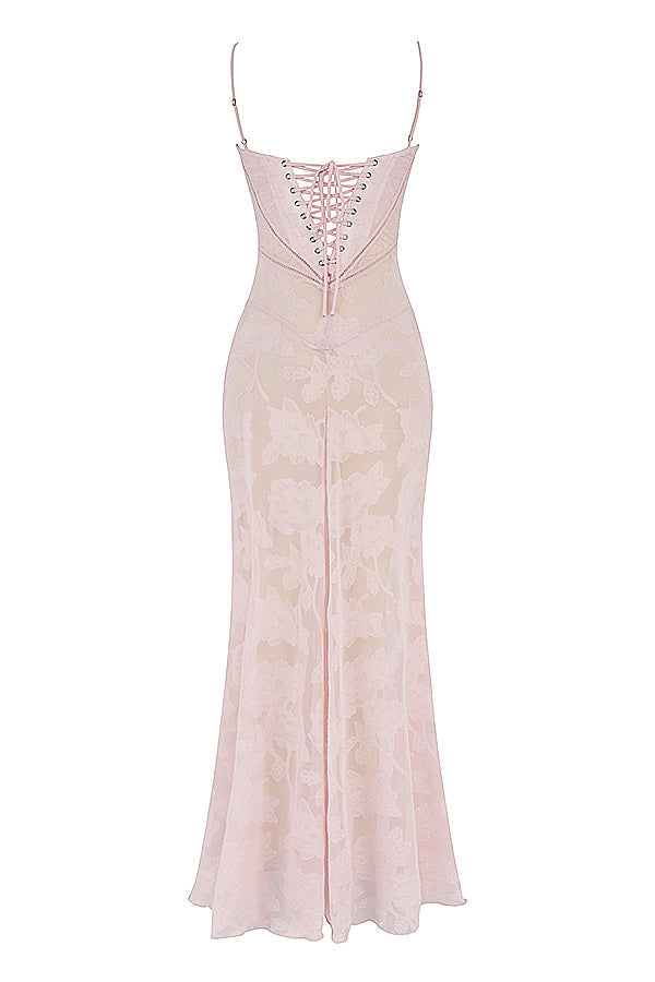 Floral Lace Spaghetti Strap Corset Bodice Sheer Mesh Maxi Gown - View 11