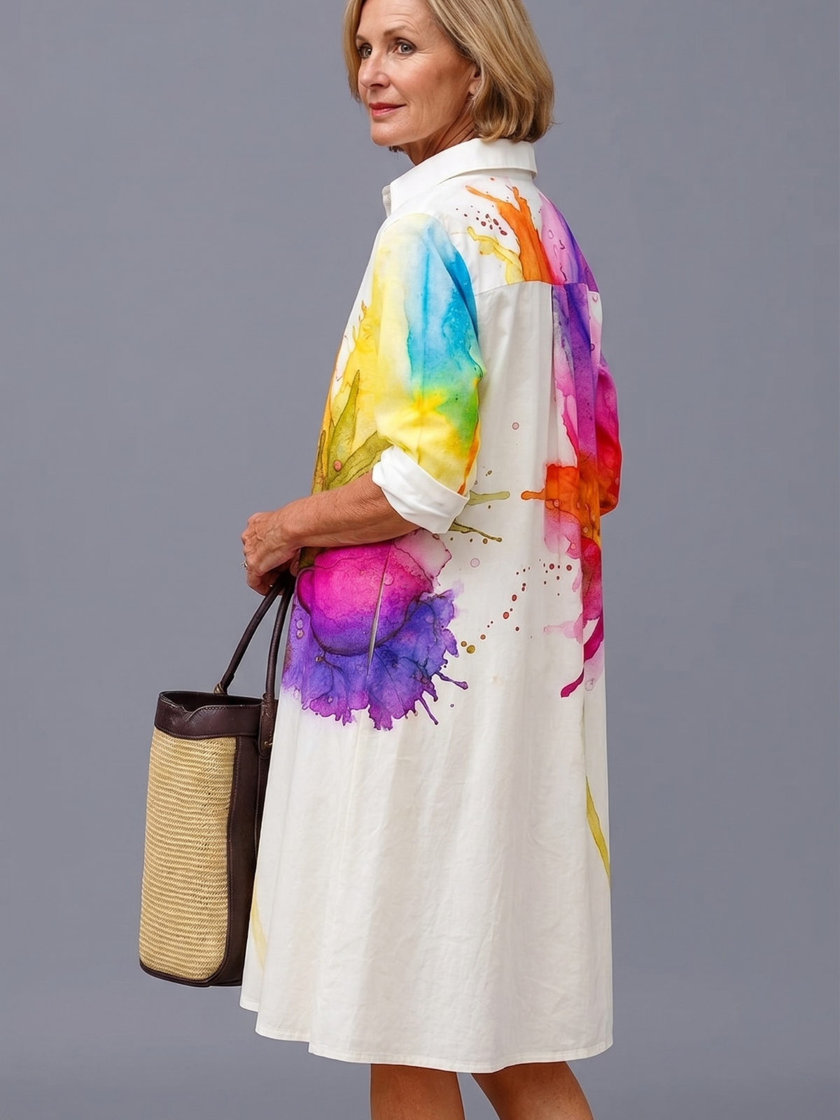 Watercolor Floral Print Button Front Midi Shirt Dress 2