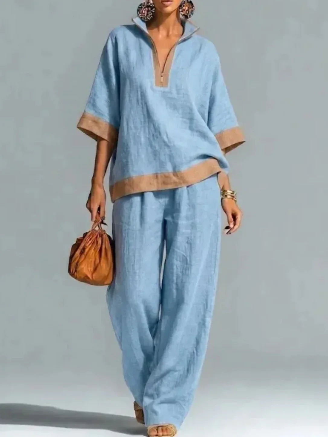 Quarter Zip Collared Contrast Trim Top and Wide Leg Pants Two Piece Set 2