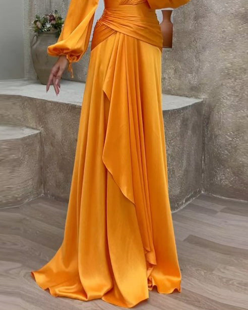 Deep V-Neck Bishop Sleeve Ruched Drape Panel Wrap Maxi Gown - View 2