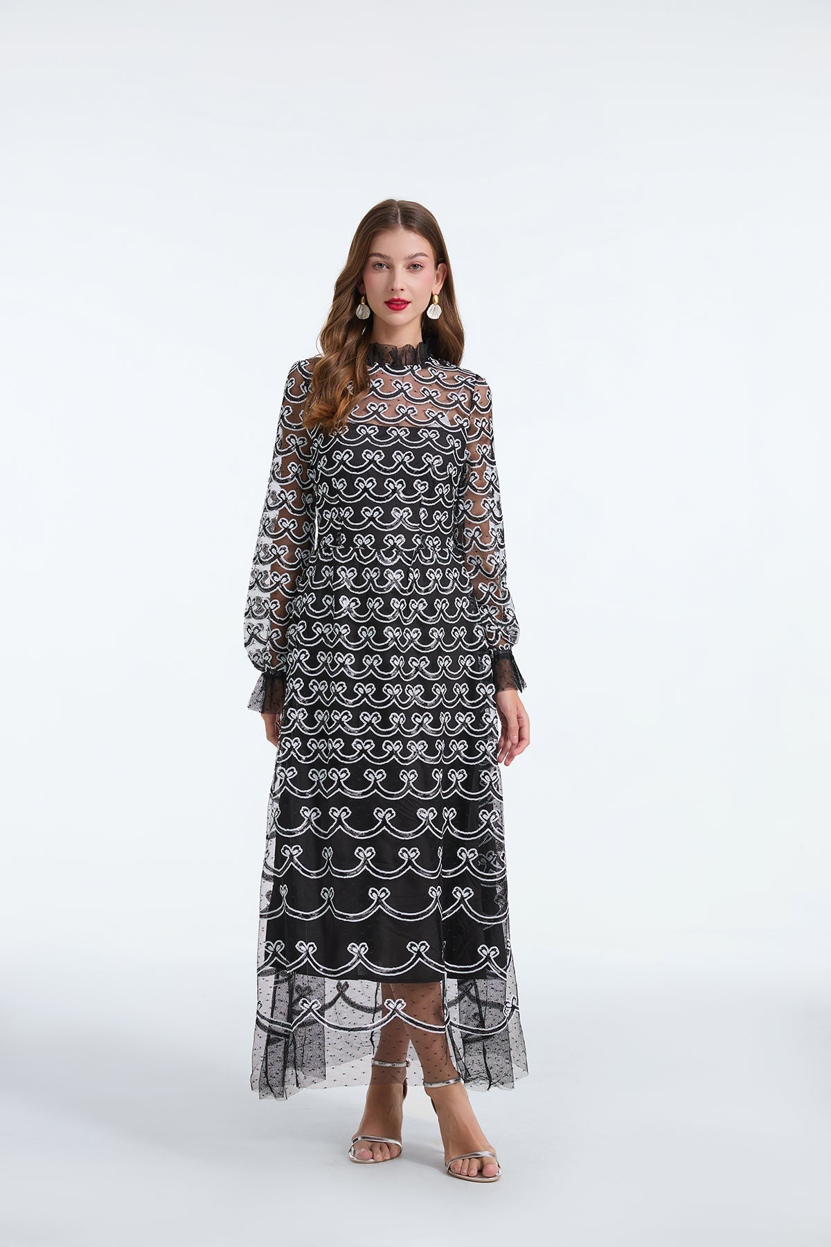 Embroidered Mesh High Neck Long Sleeve A-Line Midi Dress - View 8
