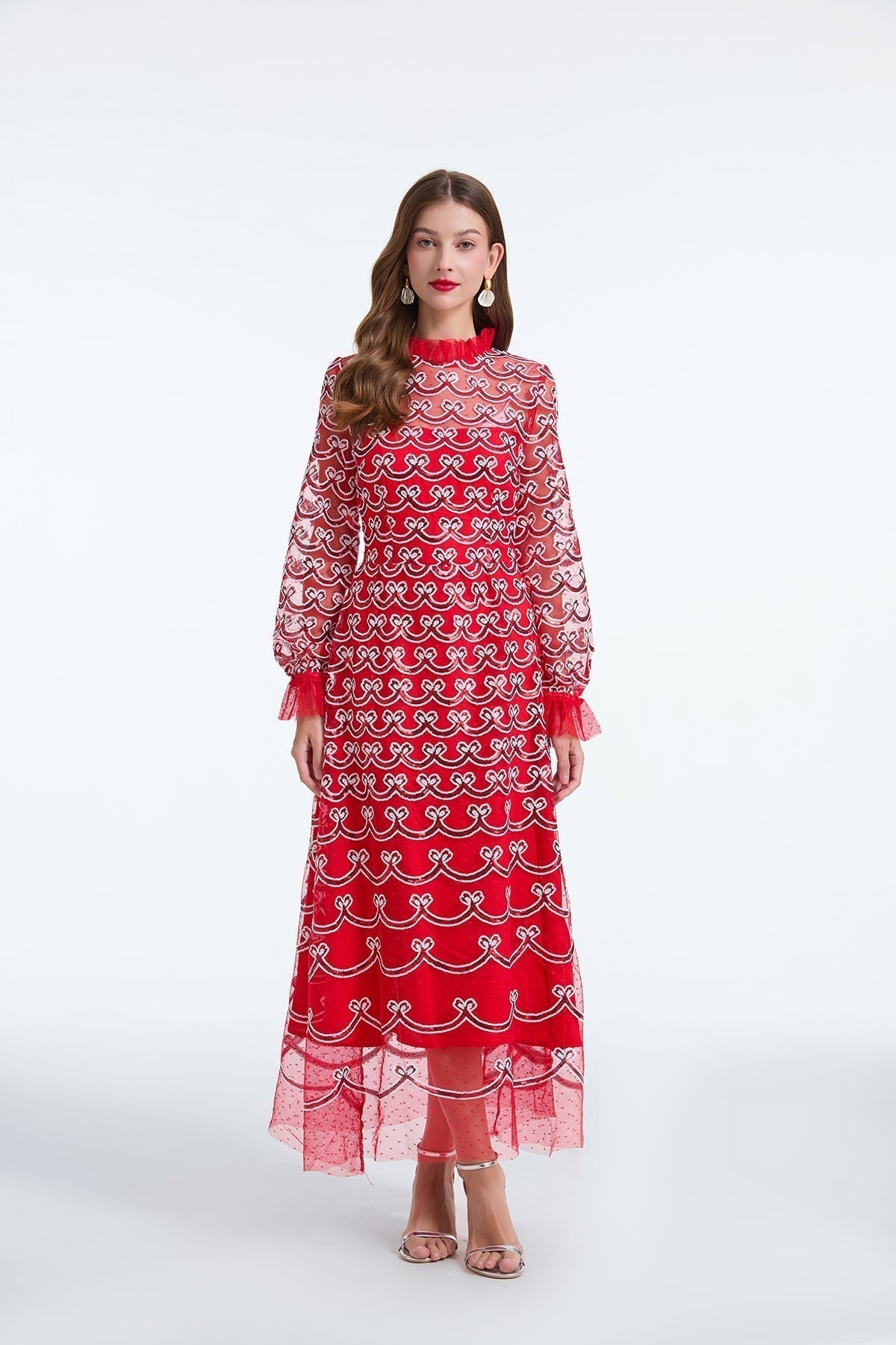 Embroidered Mesh High Neck Long Sleeve A-Line Midi Dress - View 7