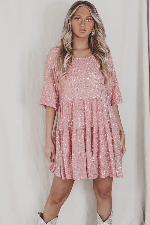 Sequin Crew Neck Short Sleeve Tiered Smock Mini Party Dress - View 6