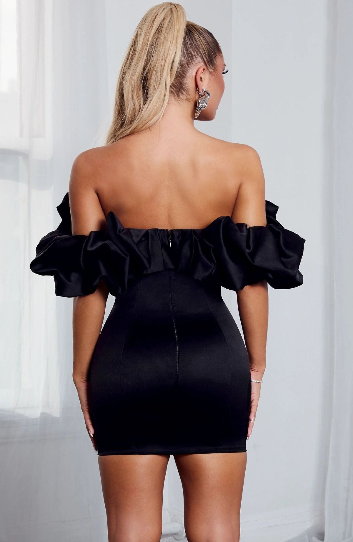 Zari Satin Ruffles Off Shoulder Mini Dress - Black - View 9