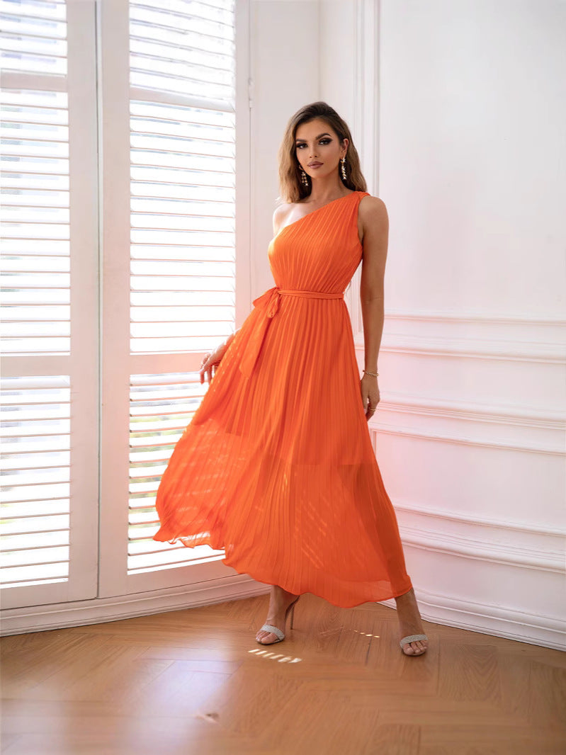 Collarless One Shoulder Party Chiffon Pleated Waist Dress - View 2