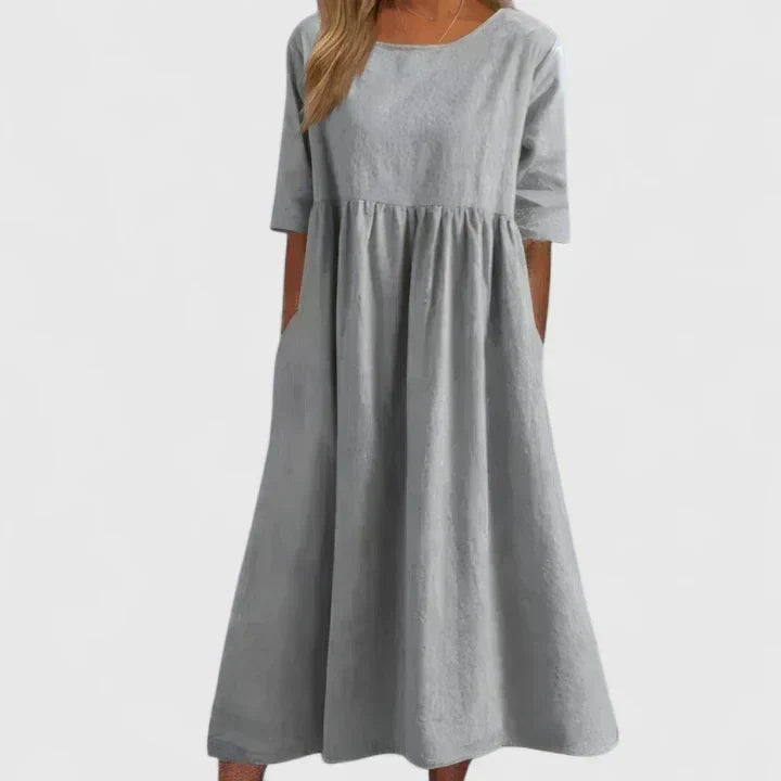 Round Neck Half Sleeve Pocket Smock Midi Dress 4