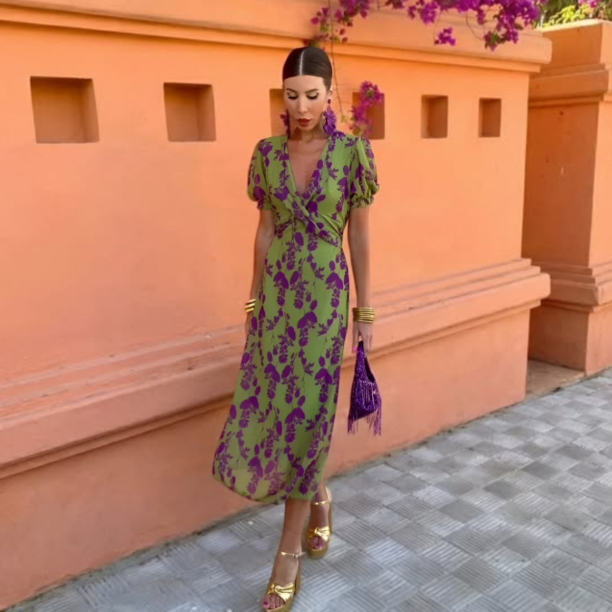 Floral Print V-Neck Puff Sleeve Wrap Midi Dress 5