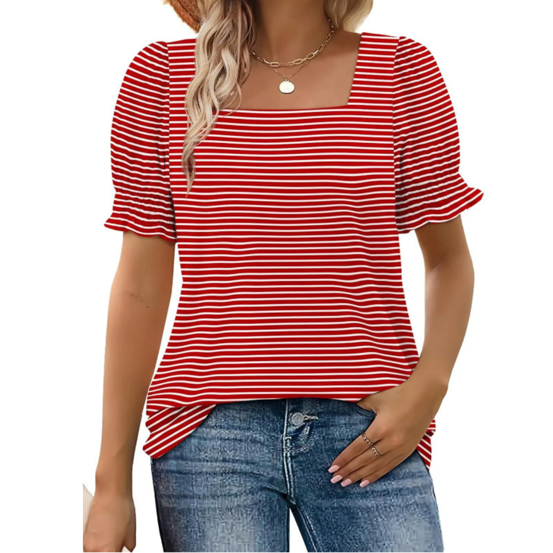 Square Neck Puff Sleeve Striped Top 14