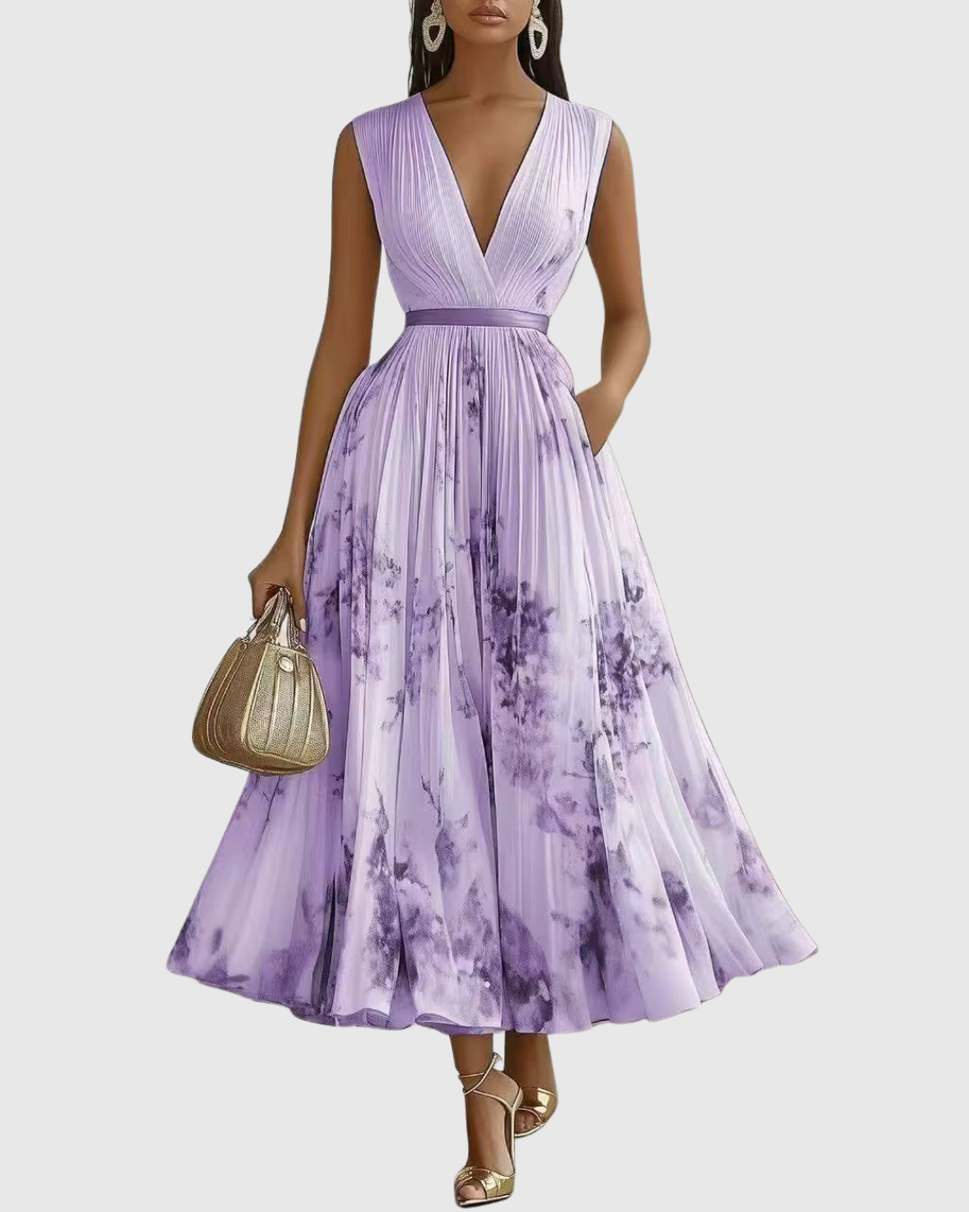 V-Neck Sleeveless Belted Floral Pleated Maxi Dress 17